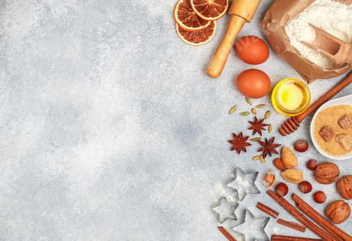Preview: Christmas Baking Background With Ingredients (Flour, Eggs, Sugar, Honey, Nuts, Spices, Citrus