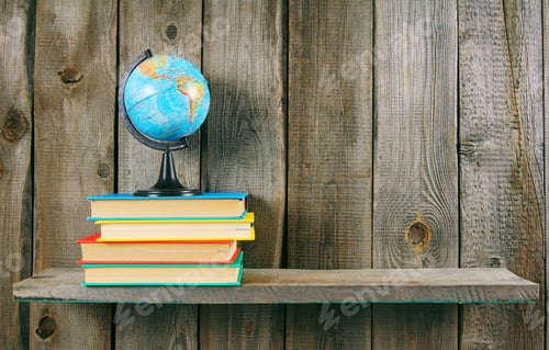 Preview: The Globe And Multi-Coloured Books On A Wooden Shelf. On A Wooden Background.
