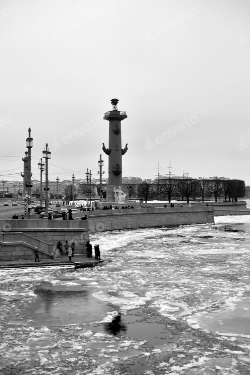 Preview: Rostral Column On The Spit Of Vasilievsky Island In Saint Petersburg At Sunny Winter Day, Russia
