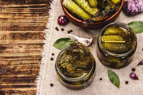 Preview: Marinated Pickled Cucumbers With Spices And Herbs. Traditional Fermented Appetizer In Glass Jars