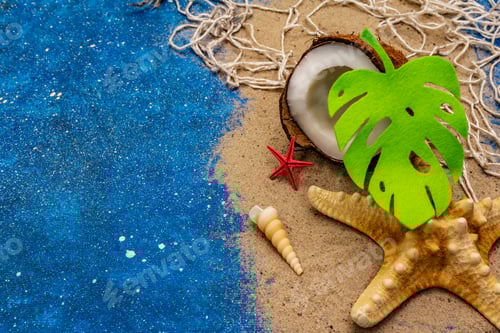 Preview: Seashells Summer Background. Lots Of Different Seashells Piled Together, Sea Star. Navy Blue