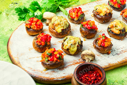 Preview: Italian Vegetarian Stuffed Mushrooms On Cutting Board.Italian Food