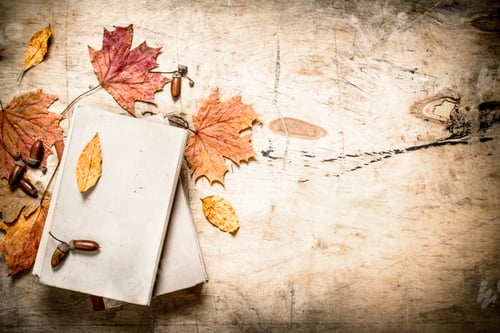 Preview: Old Books And Autumn Leaves. On Wooden Background.
