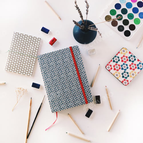 Preview: Workspace With Notebook, Sketchbook, Pens And Watercolor. Flat Lay