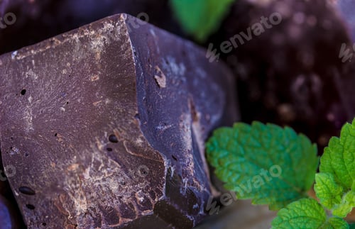Preview: Dark Chocolate With Mint On A Wooden Table