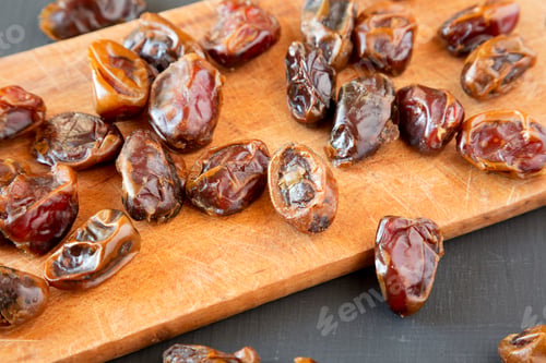 Preview: Dried Dates On Rustic Wooden Board Over Black Surface, Low Angle View. Closeup.