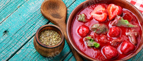 Preview: Seasonal Summer Fruit Soup.Soup With Strawberries.Cold Soup.Fruit Soup.