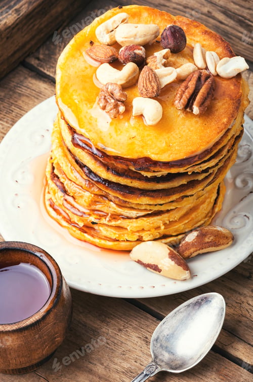 Preview: Appetizing Pancakes With Nuts And Maple Syrup