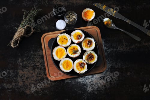 Preview: Soft-Boiled Eggs Halves In A Cast-Iron Skillet. Flat Lay.