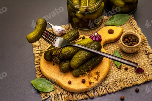 Preview: Marinated Pickled Cucumbers With Spices And Herbs. Traditional Eastern Europe Appetizer In Glass