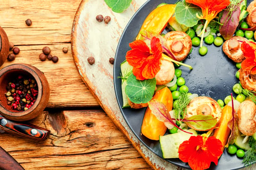 Preview: Salad With Stewed Mushrooms,Cucumber,Tomato On Retro Wooden Table