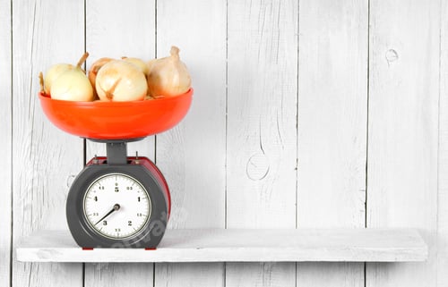 Preview: Onions On Scales On A Wooden Shelf.