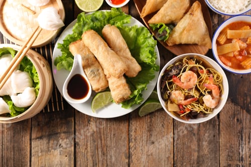 Preview: Assorted Of Asian Food With Spring Roll, Soup, Shrimp, Rice