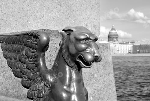 Preview: Griffin Statue - Bronze Winged Lion On The University Embankment In St. Petersburg. Russia. Black