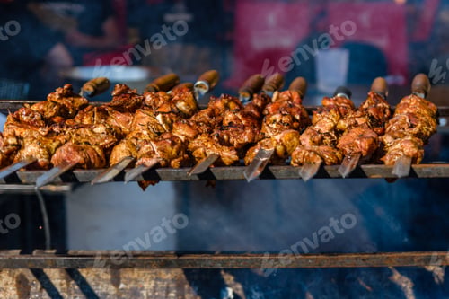 Preview: Skewers With Meat Over Charcoals. Cooking Shashlik