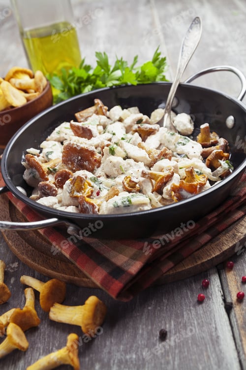 Preview: Chicken Fillet With Chanterelles And Cream In A Pan On The Table