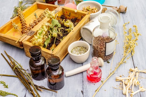 Preview: Scary Halloween Laboratory. Dry Herbs, Alchemy Appliances, Potions And Ingredients Lies On A Gray