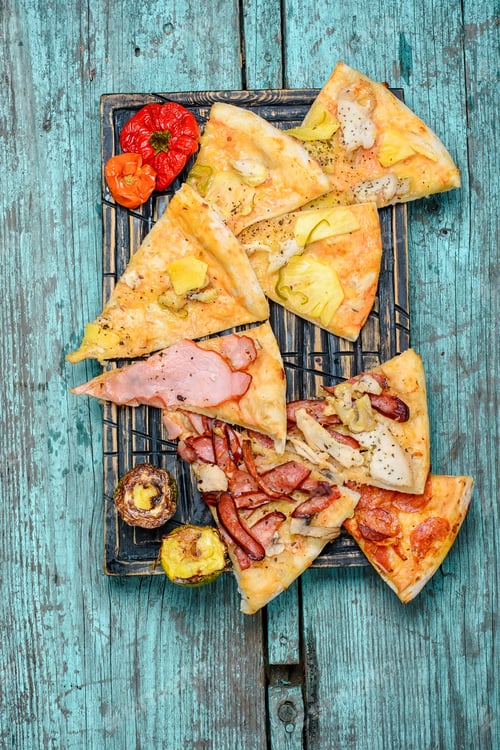 Preview: Pizza Stuffed With Meat And Baked Vegetables In Rustic Style