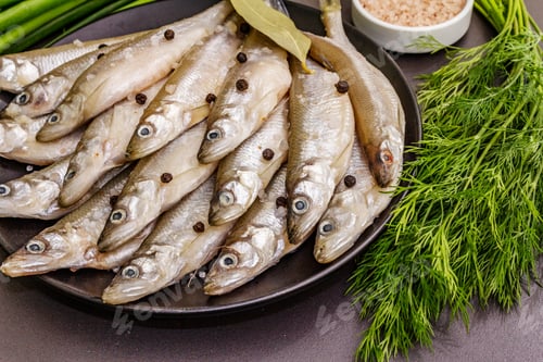 Preview: Raw Sea Fish Smelt, Sardines, Anchovies, Capelin With The Scent Of Fresh Cucumber Ready For