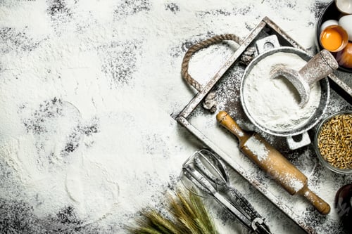 Preview: Dough Backround. Flour With Eggs And Rolling Pin. On The Wooden Box.