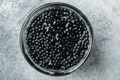 Preview: Black Caviar Jar, On Gray Background, Top View Flat Lay