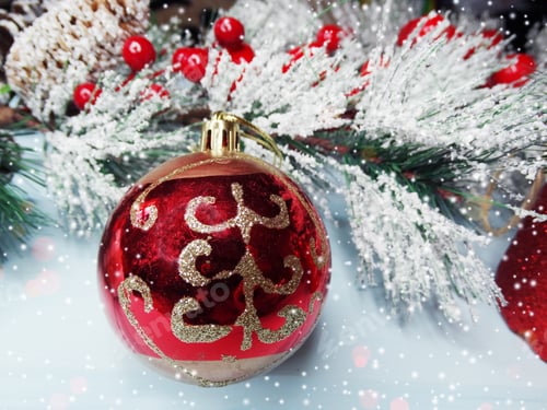 Preview: Christmas Ball With Fir Tree Branch Cones And Snow On Background With Garland Lights