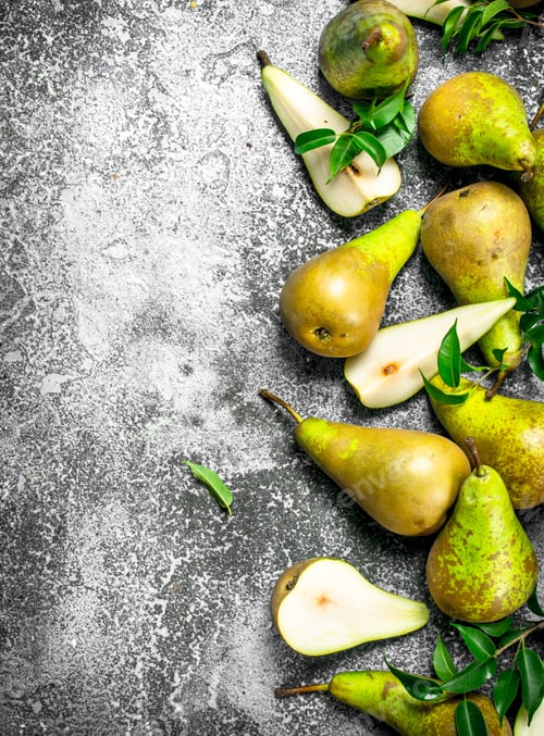 Preview: Ripe Pears With Leaves. On A Rustic Background.