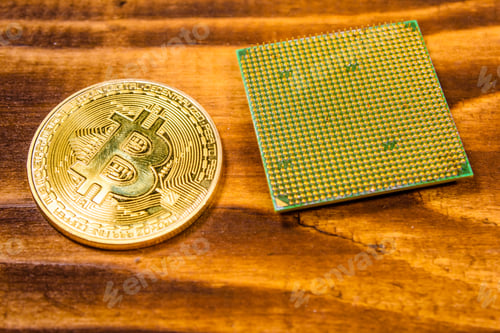Preview: Bitcoin And Microprocessor On Rustic Wooden Table