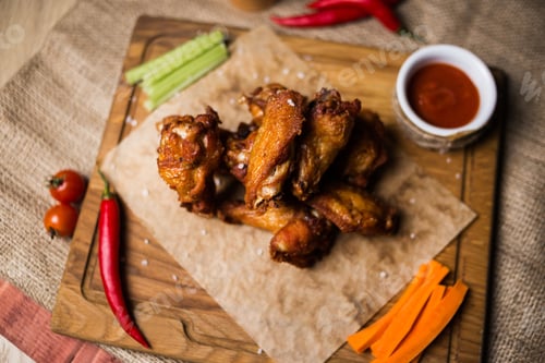 Preview: Fried Chicken Rib With Pepper And Other Vegatables On Wooden Plate