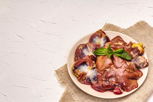Preview: Fresh Raw Chicken Offal: Heart, Liver, Stomach. Dry Spices, Sea Salt, Chili Pepper. White Putty