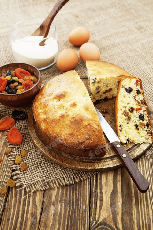 Preview: Semolina Cake With Dried Fruits On A Cutting Board. Mannik