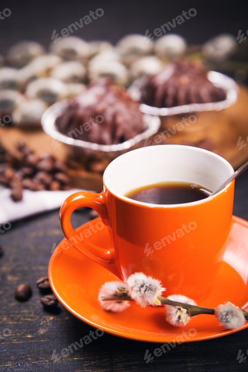 Preview: Orange Cup Of Coffee With Chocolate Cakes And Willow Flowers