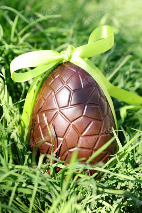 Preview: Chocolate Easter Egg And Bow In Garden