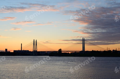 Preview: Cable Stayed Bridge And Neva River On The Outskirts Of St. Petersburg At Sunset, Russia.