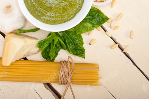 Preview: Italian Traditional Basil Pesto Pasta Ingredients Parmesan Cheese Pine Nuts Extra Virgin Olive Oil