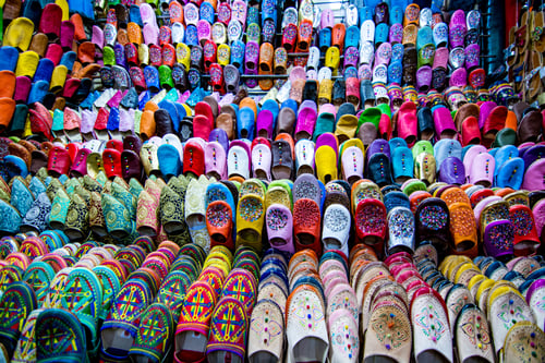 Preview: Colorful Moroccan Slippers - Traditional Leather Babouches At Old Medina Souk In Marrakech, Morocco