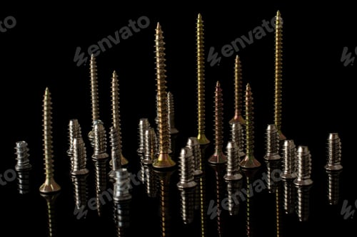 Preview: Lot Of Whole Metallic Glossy Bolt Isolated On Black Glass