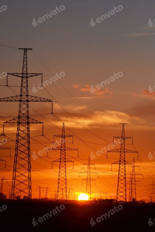 Preview: Electric Power Transmission Lines At Sunset, Outskirts Of St. Petersburg, Russia.