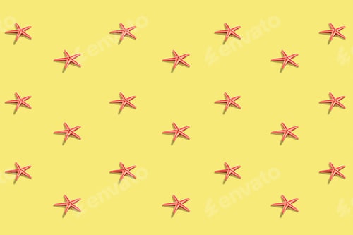 Preview: Starfish Pattern On The Pastel Yellow Background. Vacation Concept, Sea Card. A Trendy Hard Light
