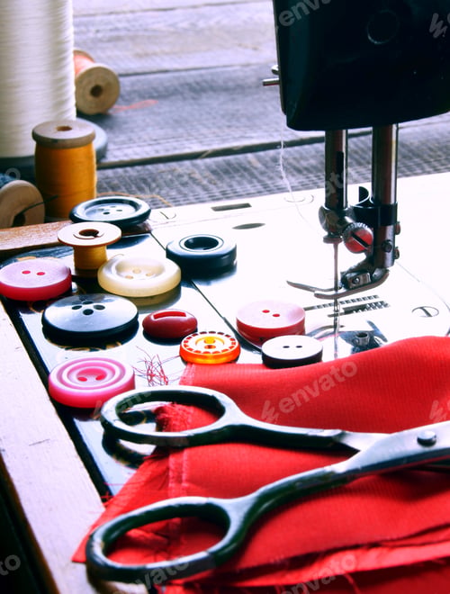 Preview: Sewing. The Sewing Machine And Accessories (Threads, Needle, Scissors).