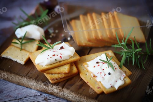 Preview: Selective Focus. Delicious Crackers With Cream Cheese. Cookies With Cream Cheese.