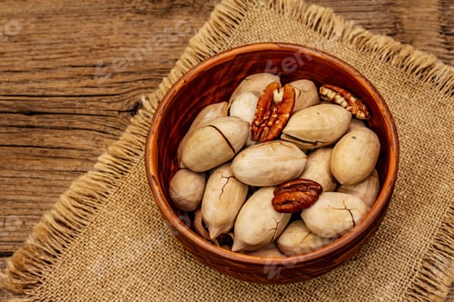 Preview: Ripe Pecan On Vintage Wooden Background. Traditional Ingredient For Pecan Pie In Usa