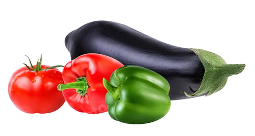 Preview: Fresh Vegetable Eggplants, Tomatoes And Red Pepper Isolated On White Background
