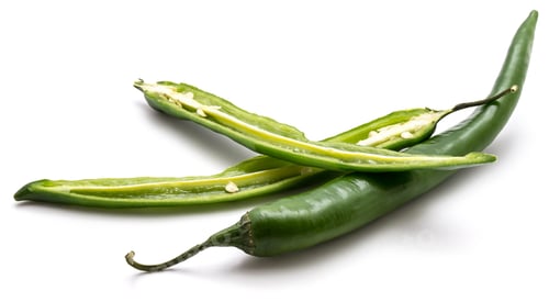 Preview: Green Chili Peppers, One Whole And Two Halves, Isolated On White Background