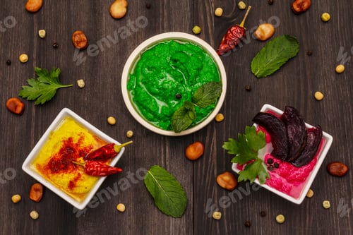 Preview: Hummus, Healthy Vegan (Vegetarian) Food. Assorted Three Types: Classic, Mint And Beetroot. Edamame