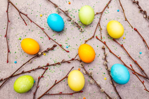 Preview: Easter Eggs Concept Willow Seals Branches, Sweet Topping On A Stone Background Wallpaper, Top View