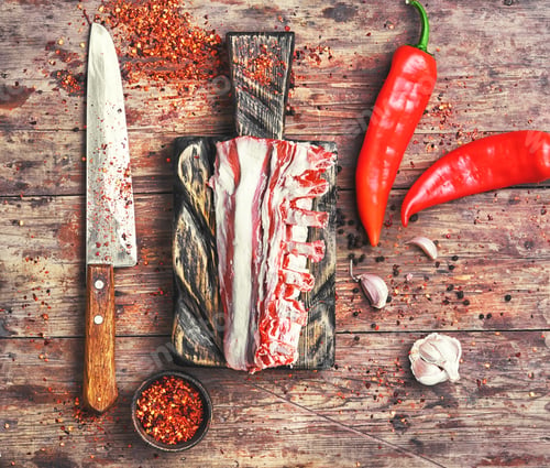 Preview: Raw Meat On The Rib Of Lamb In Hot Spices On The Kitchen Board