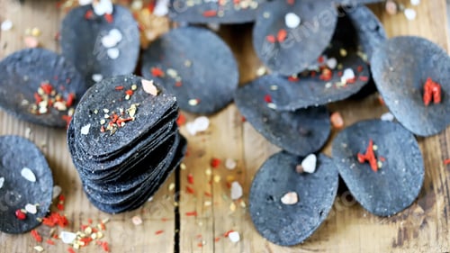 Preview: Selective Focus. Macro. Black Chips With Spices On The Board.