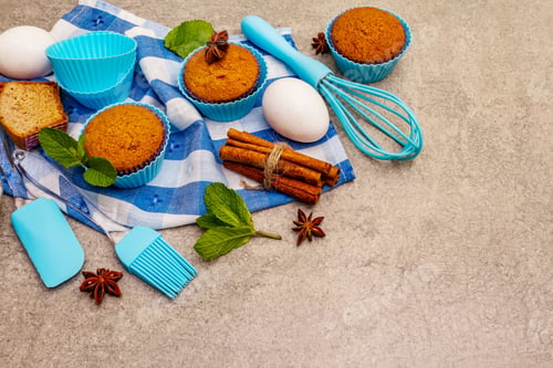 Preview: Homemade Cupcakes With Cinnamon, Star Anise And Fresh Mint. Bakery Concept, Set Of Ingredients For