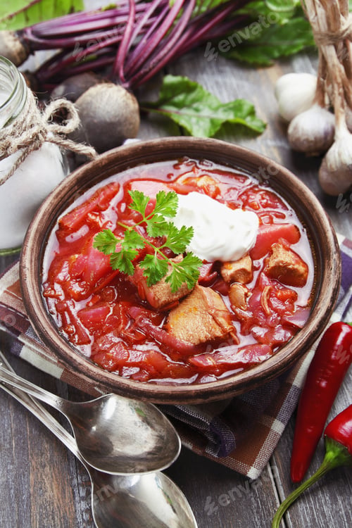 Preview: Soup With Red Beets. Russian Traditional Borsch